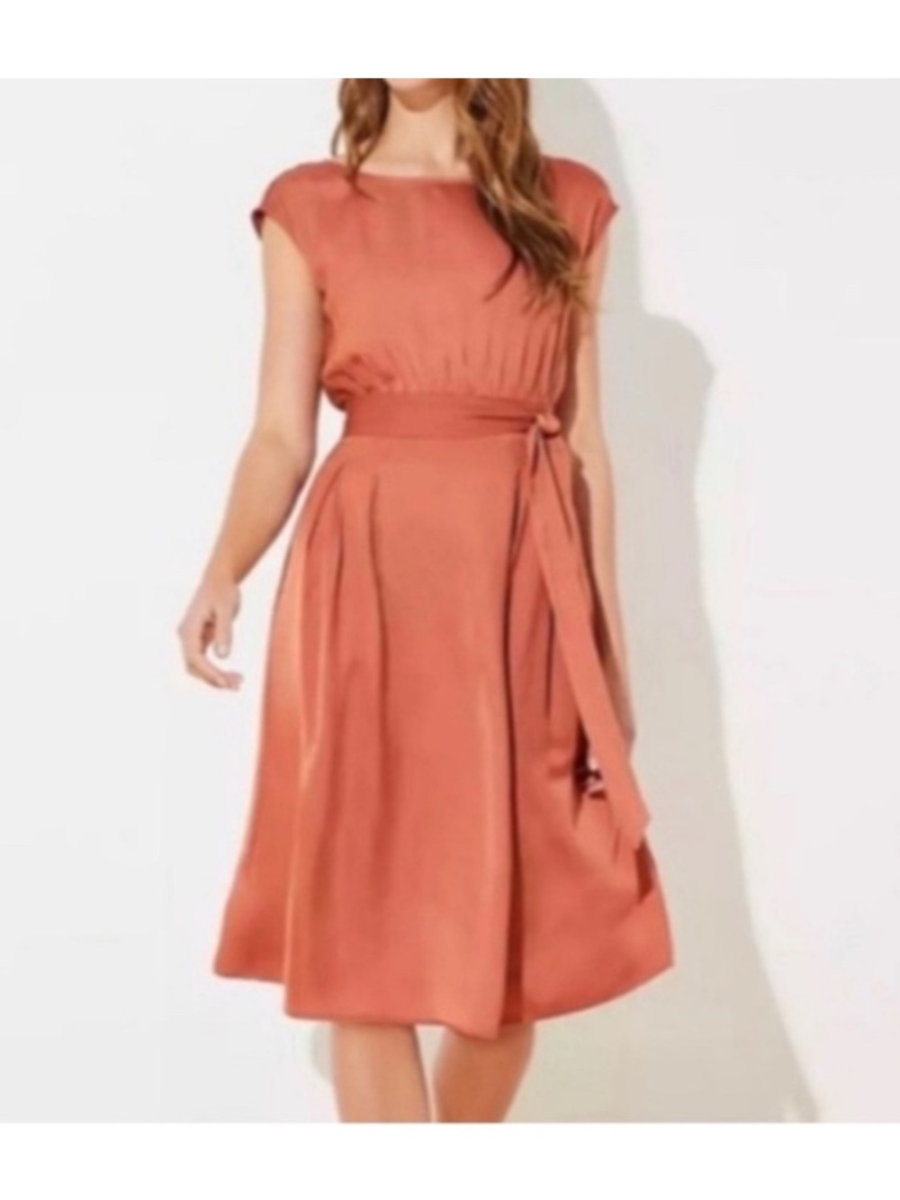 LOFT burnt orange Tie-Waist Midi Silk Dress